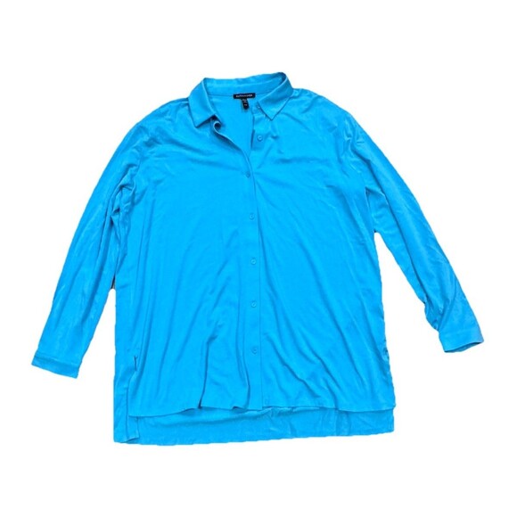 Eileen Fisher Clare Stretchy Jersey Button Down Tunic Blouse Top Medium Aqua - Picture 1 of 6
